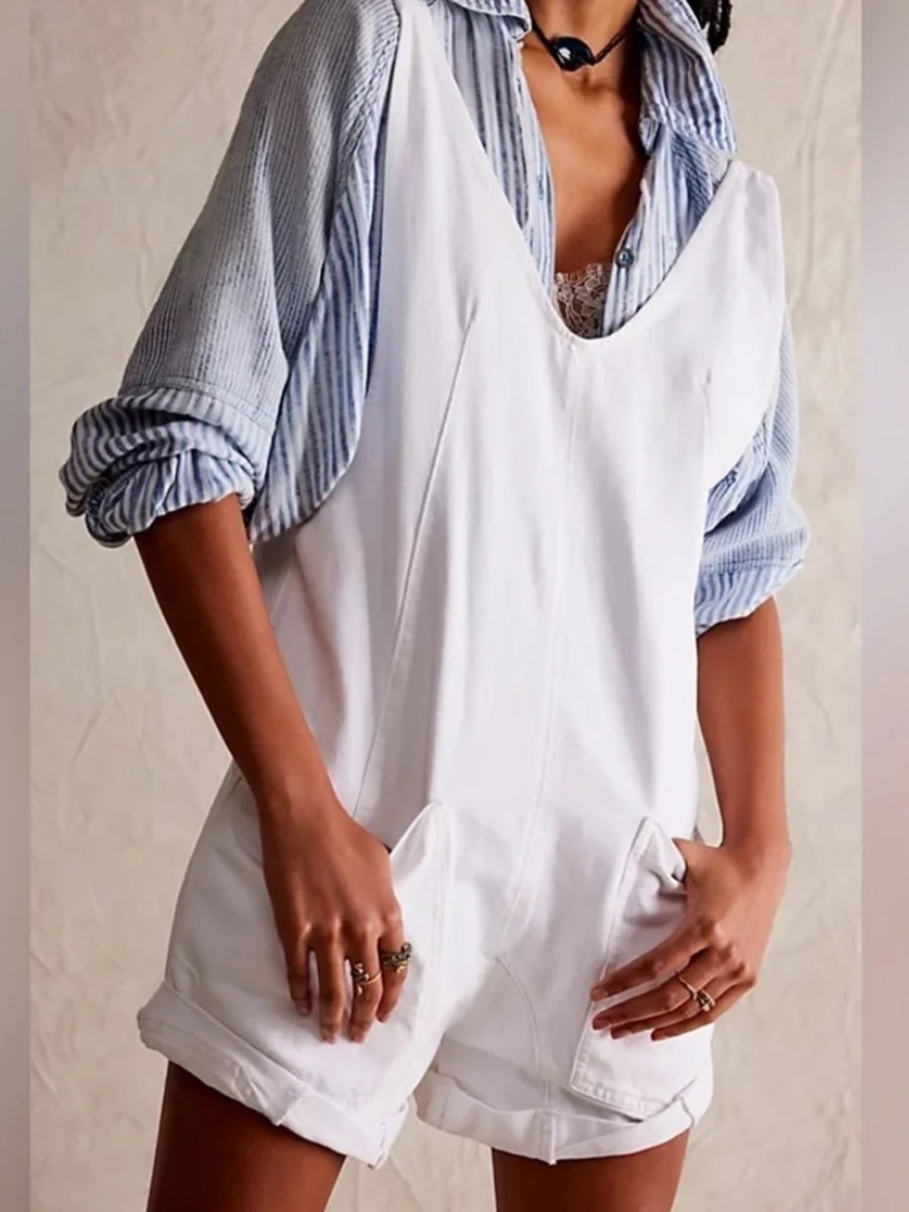 Free People We The Free White High Roller Shortall Overall Romper large